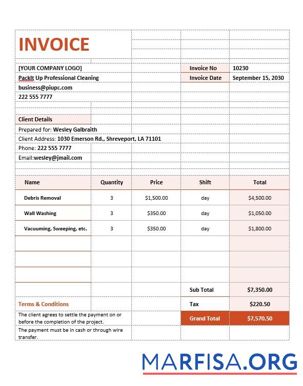 Downloadable Cleaning Services Contract Agreement Invoice Template